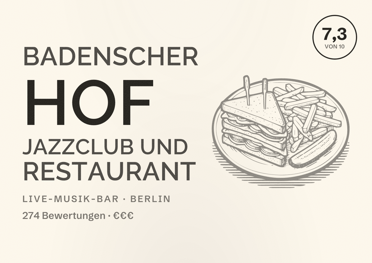Illustriertes Poster von Badenscher Hof Jazzclub und Restaurant, Live-Musik-Bar in Berlin: Bewertung 7,3 von 10 aus 274 Bewertungen, Preisniveau €€€