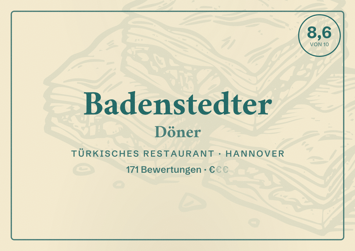 Illustriertes Poster von Badenstedter Döner, Türkisches Restaurant in Hannover: Bewertung 8,6 von 10 aus 171 Bewertungen, Preisniveau €