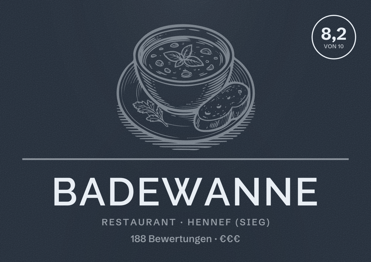Illustriertes Poster von Badewanne, Restaurant in Hennef (Sieg): Bewertung 8,2 von 10 aus 188 Bewertungen, Preisniveau €€€