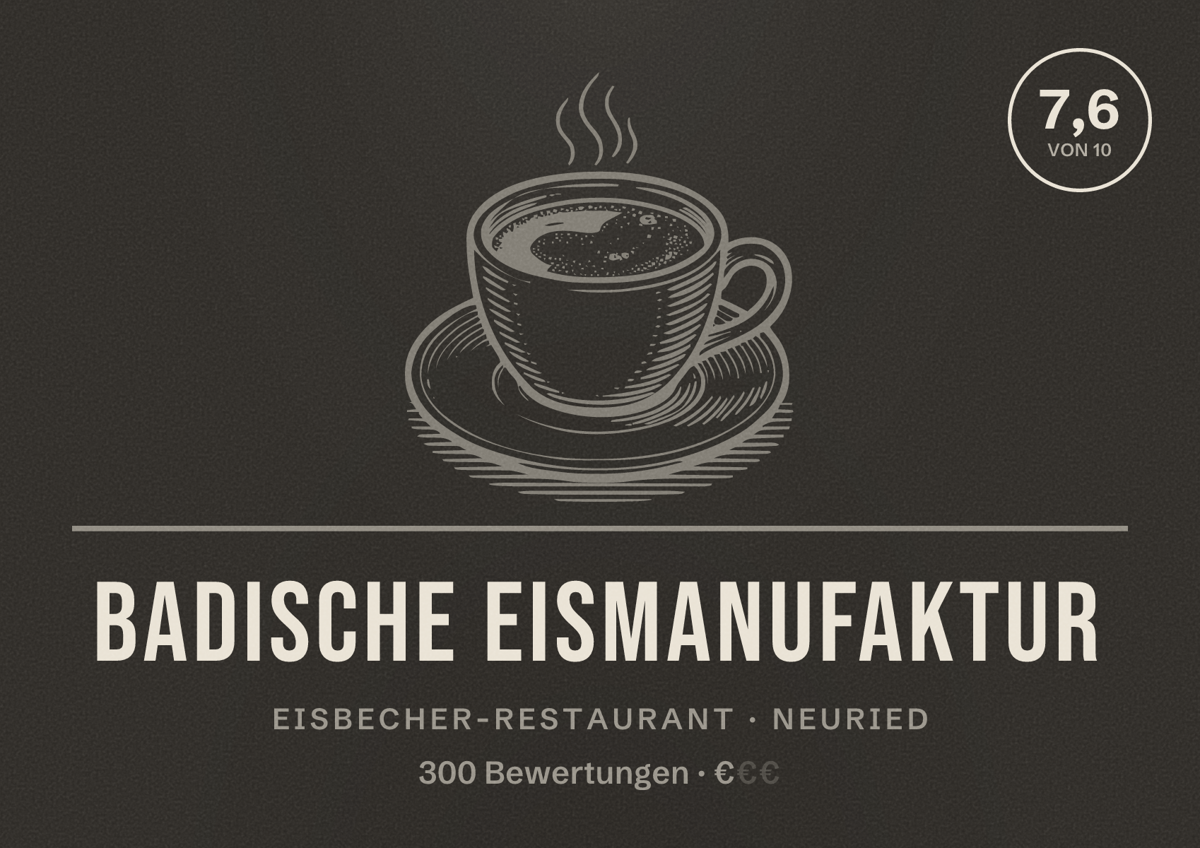 Illustriertes Poster von Badische Eismanufaktur, Eisbecher-Restaurant in Neuried: Bewertung 7,6 von 10 aus 300 Bewertungen, Preisniveau €
