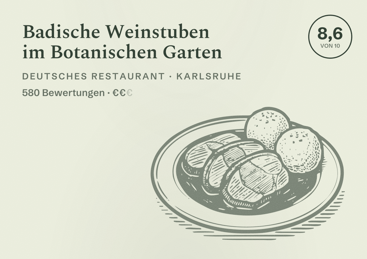 Illustriertes Poster von Badische Weinstuben im Botanischen Garten, Deutsches Restaurant in Karlsruhe: Bewertung 8,6 von 10 aus 580 Bewertungen, Preisniveau €€