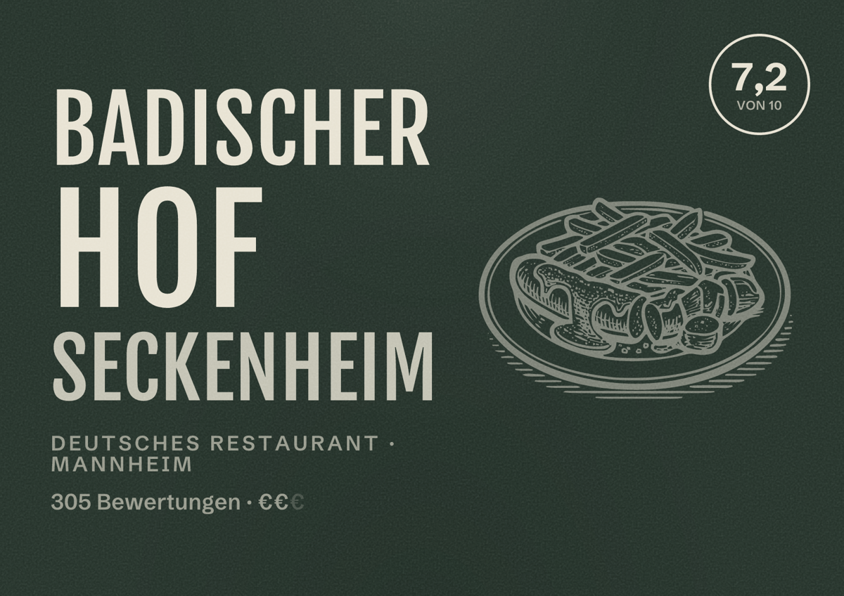 Illustriertes Poster von Badischer Hof Seckenheim, Deutsches Restaurant in Mannheim: Bewertung 7,2 von 10 aus 305 Bewertungen, Preisniveau €€
