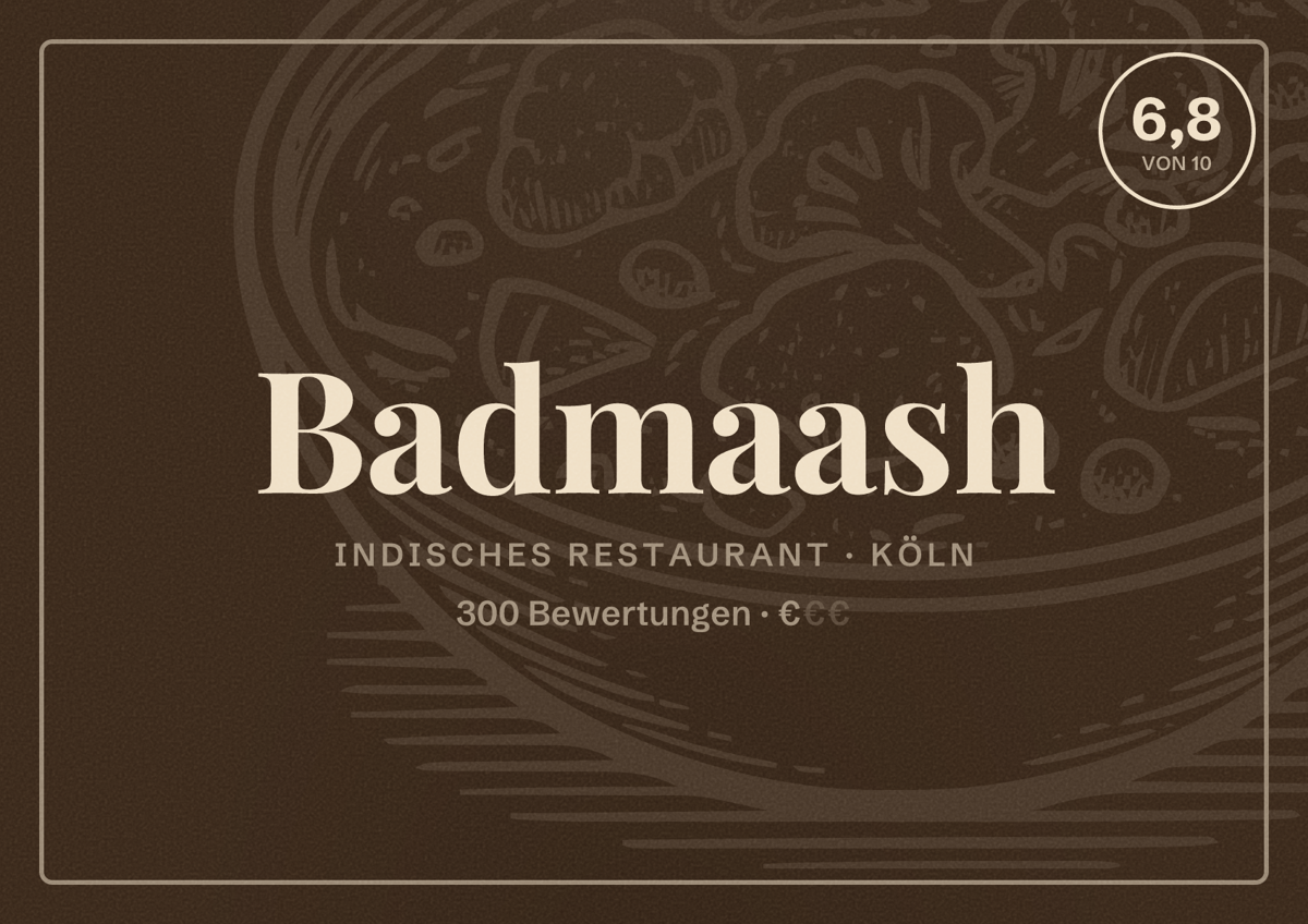Illustriertes Poster von Badmaash, Indisches Restaurant in Köln: Bewertung 6,8 von 10 aus 300 Bewertungen, Preisniveau €