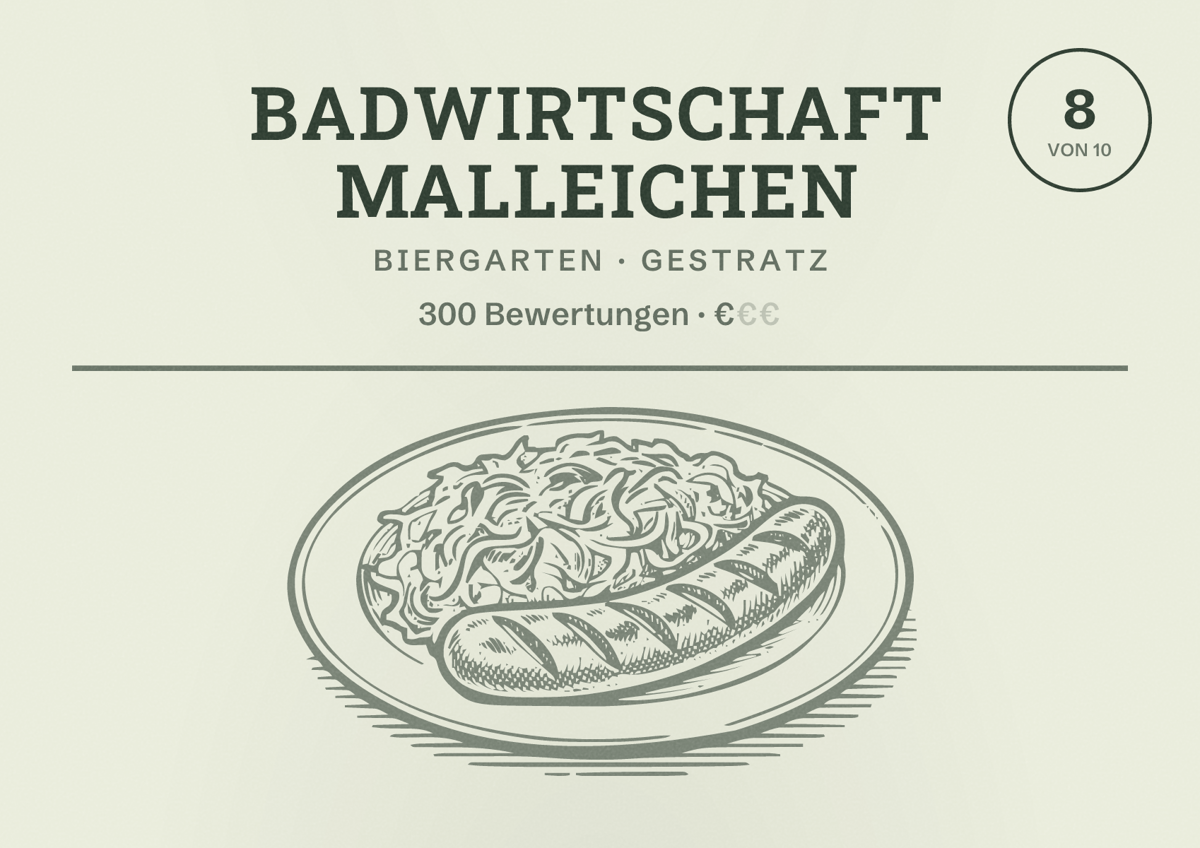 Illustriertes Poster von Badwirtschaft Malleichen, Biergarten in Gestratz: Bewertung 8 von 10 aus 300 Bewertungen, Preisniveau €