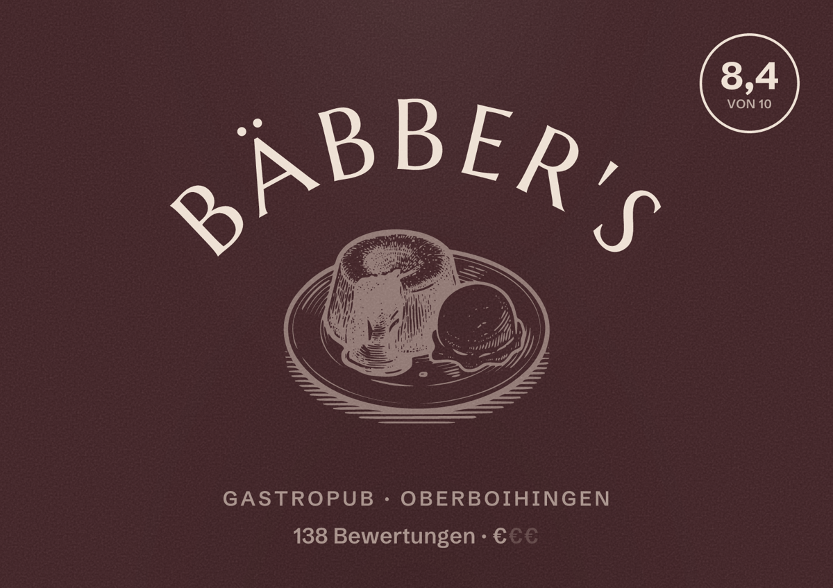 Illustriertes Poster von Bäbber's, Gastropub in Oberboihingen: Bewertung 8,4 von 10 aus 138 Bewertungen, Preisniveau €