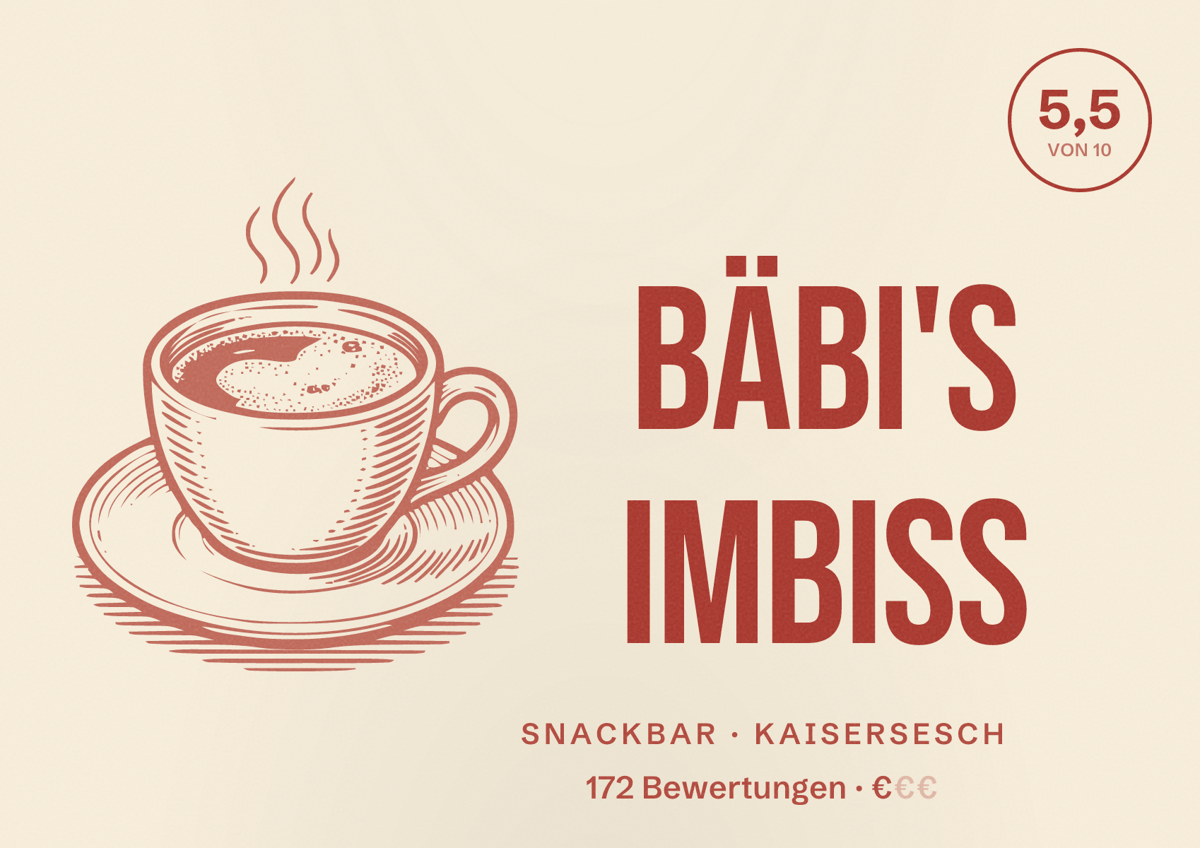 Illustriertes Poster von Bäbi's Imbiss, Snackbar in Kaisersesch: Bewertung 5,5 von 10 aus 172 Bewertungen, Preisniveau €