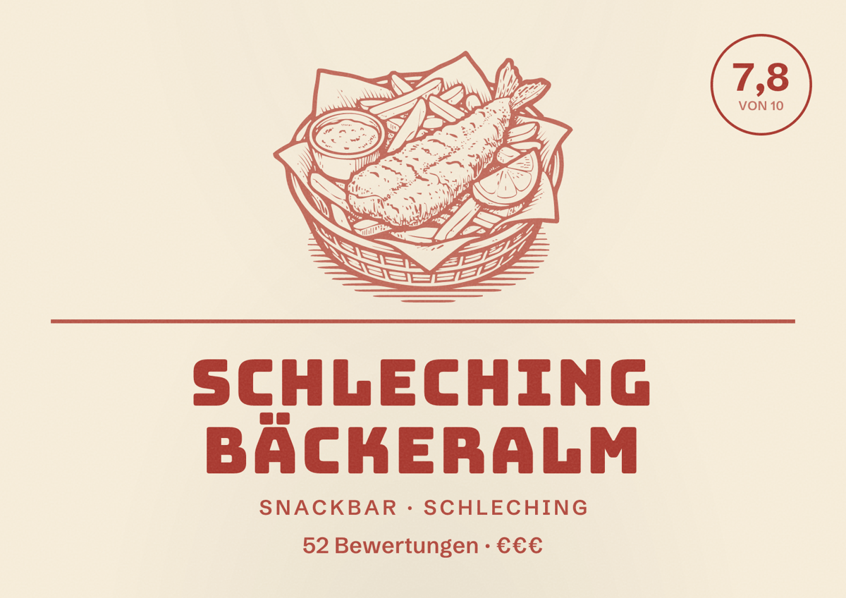 Illustriertes Poster von Schleching Bäckeralm, Snackbar in Schleching: Bewertung 7,8 von 10 aus 52 Bewertungen, Preisniveau €€€
