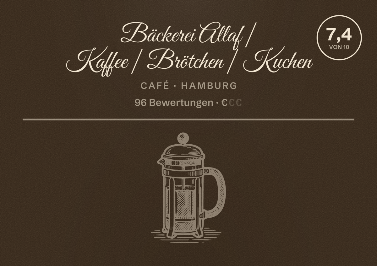 Illustriertes Poster von Bäckerei Allaf | Kaffee | Brötchen | Kuchen, Café in Hamburg: Bewertung 7,4 von 10 aus 96 Bewertungen, Preisniveau €