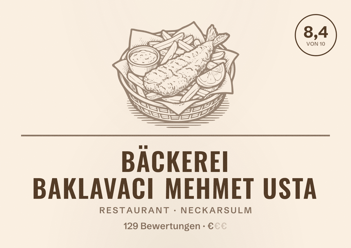 Illustriertes Poster von BÄCKEREI BAKLAVACI MEHMET USTA, Restaurant in Neckarsulm: Bewertung 8,4 von 10 aus 129 Bewertungen, Preisniveau €