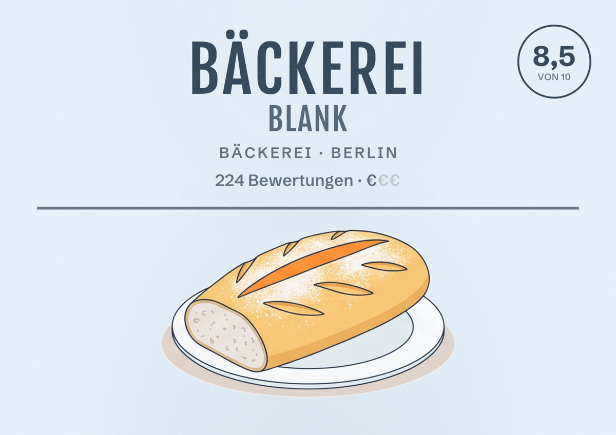 Illustriertes Poster von Bäckerei Blank, Bäckerei in Berlin: Bewertung 8,5 von 10 aus 224 Bewertungen, Preisniveau €