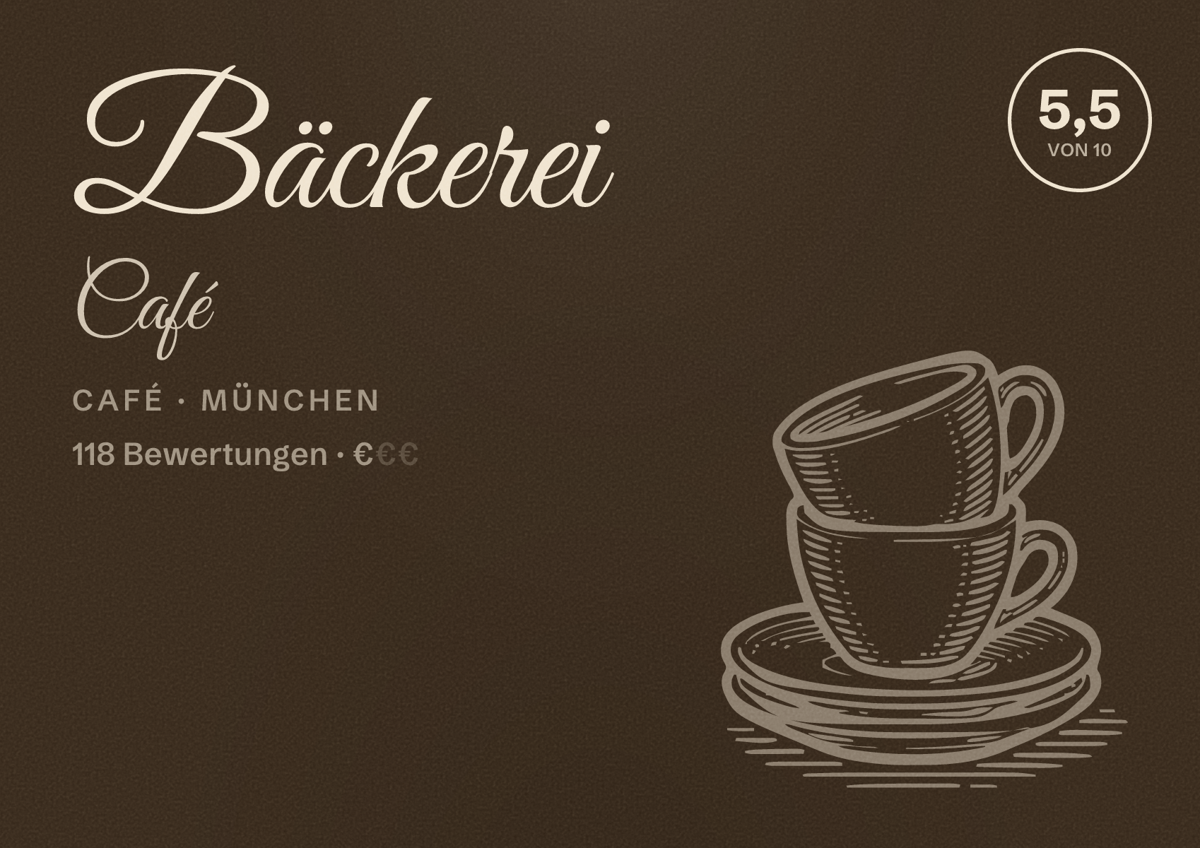Illustriertes Poster von Bäckerei Café, Café in München: Bewertung 5,5 von 10 aus 118 Bewertungen, Preisniveau €