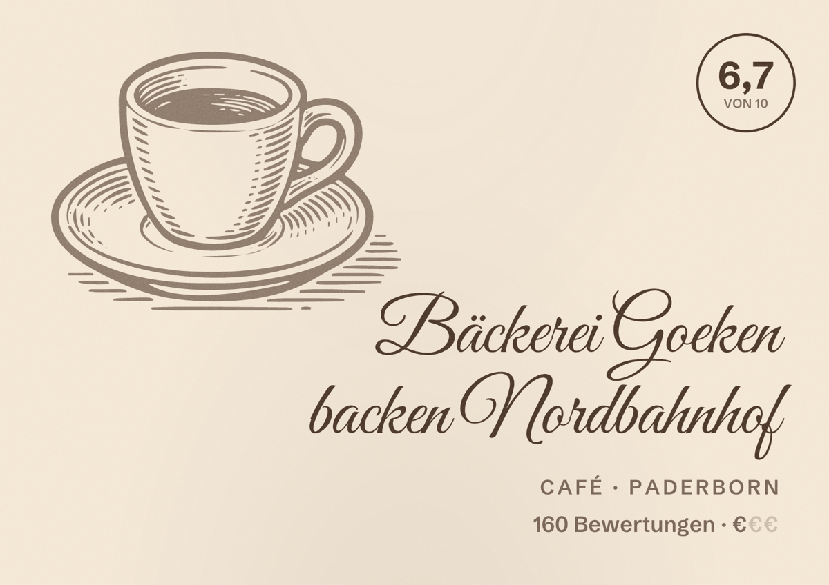 Illustriertes Poster von Bäckerei Goeken backen Nordbahnhof, Café in Paderborn: Bewertung 6,7 von 10 aus 160 Bewertungen, Preisniveau €