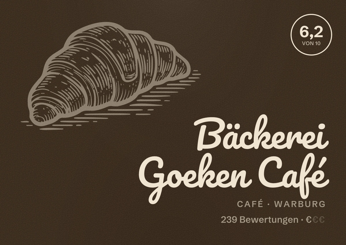 Illustriertes Poster von Bäckerei Goeken Café, Café in Warburg: Bewertung 6,2 von 10 aus 239 Bewertungen, Preisniveau €