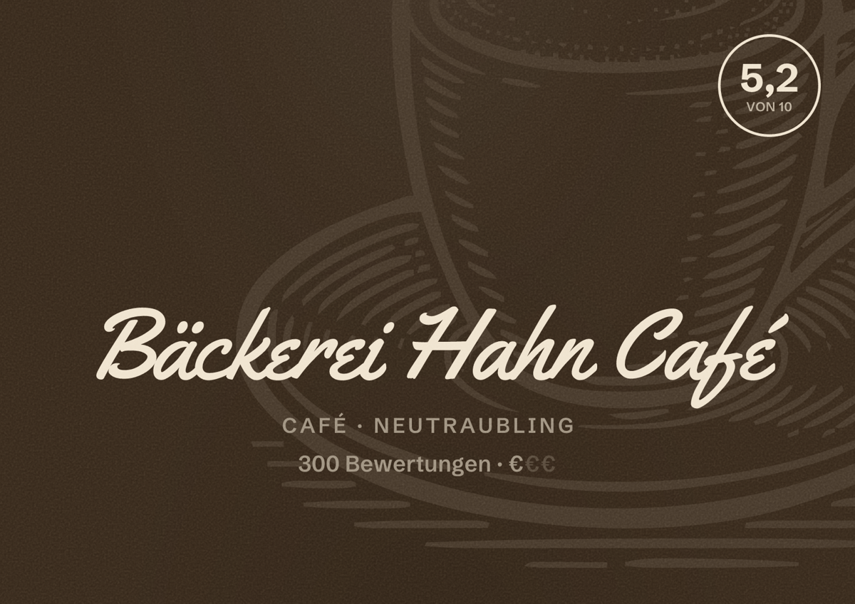 Illustriertes Poster von Bäckerei Hahn Café, Café in Neutraubling: Bewertung 5,2 von 10 aus 300 Bewertungen, Preisniveau €