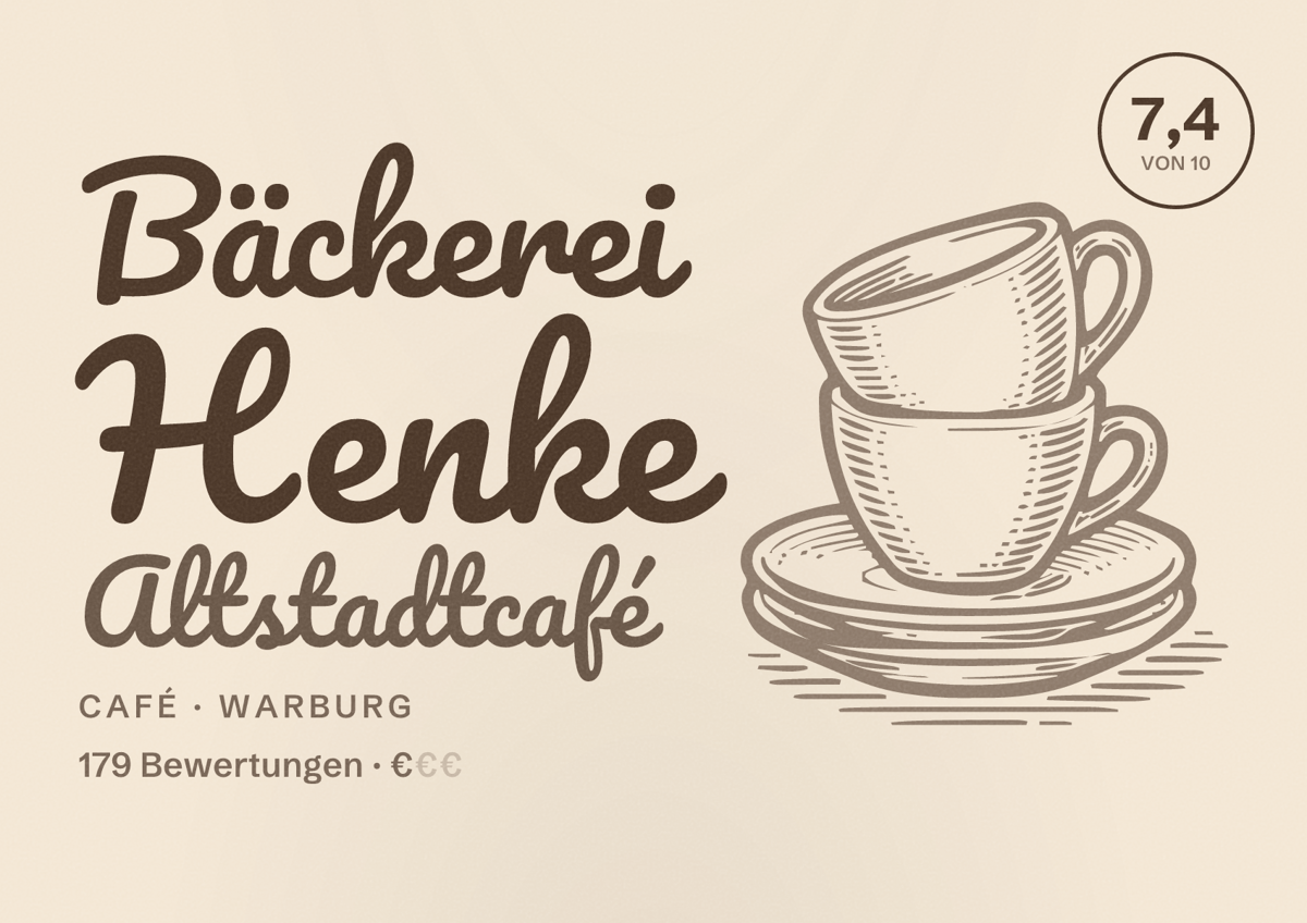 Illustriertes Poster von Bäckerei Henke Altstadtcafé, Café in Warburg: Bewertung 7,4 von 10 aus 179 Bewertungen, Preisniveau €