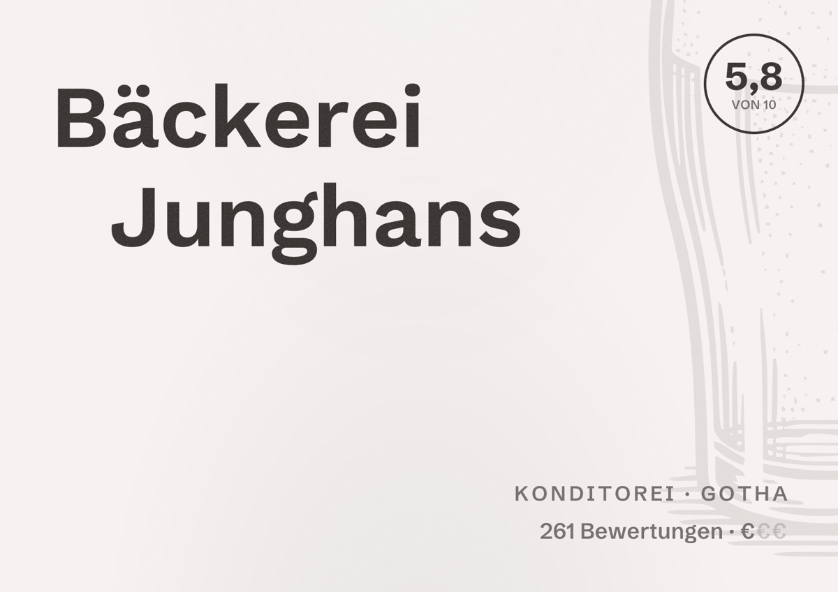 Illustriertes Poster von Bäckerei Junghans, Konditorei in Gotha: Bewertung 5,8 von 10 aus 261 Bewertungen, Preisniveau €