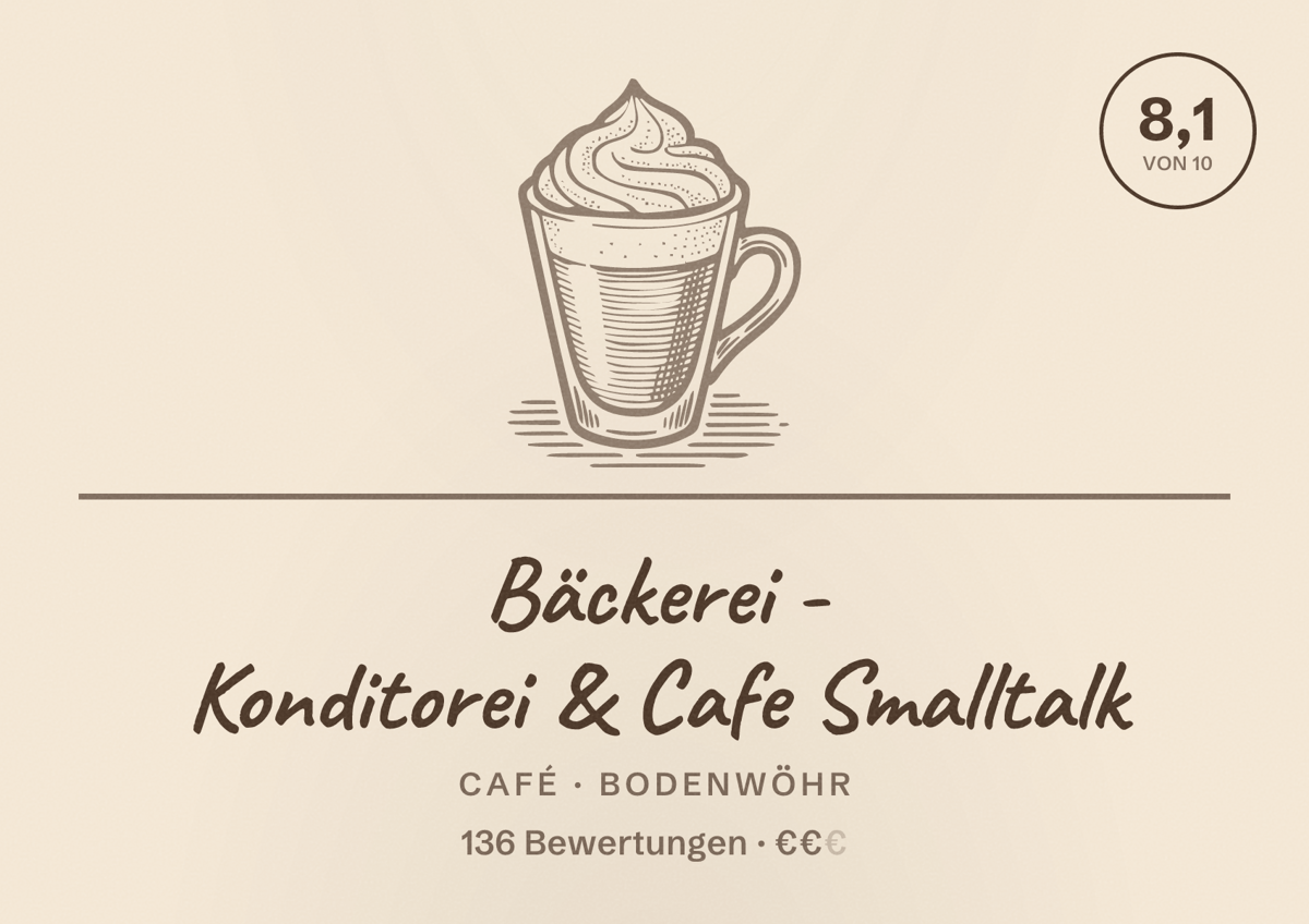 Illustriertes Poster von Bäckerei - Konditorei & Cafe Smalltalk, Café in Bodenwöhr: Bewertung 8,1 von 10 aus 136 Bewertungen, Preisniveau €€