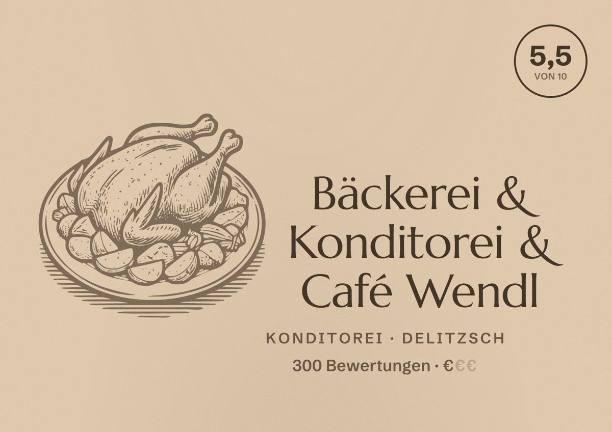 Illustriertes Poster von Bäckerei & Konditorei & Café Wendl, Konditorei in Delitzsch: Bewertung 5,5 von 10 aus 300 Bewertungen, Preisniveau €