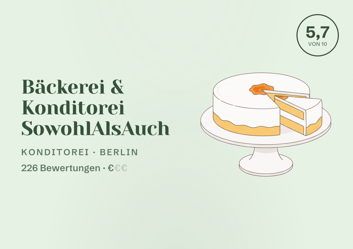 Illustriertes Poster von Bäckerei & Konditorei SowohlAlsAuch, Konditorei in Berlin: Bewertung 5,7 von 10 aus 226 Bewertungen, Preisniveau €