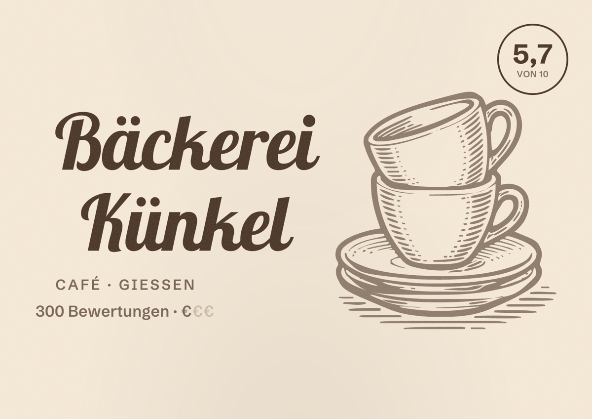 Illustriertes Poster von Bäckerei Künkel, Café in Gießen: Bewertung 5,7 von 10 aus 300 Bewertungen, Preisniveau €