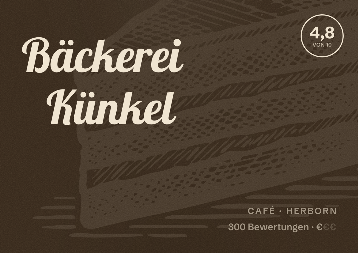Illustriertes Poster von Bäckerei Künkel, Café in Herborn: Bewertung 4,8 von 10 aus 300 Bewertungen, Preisniveau €