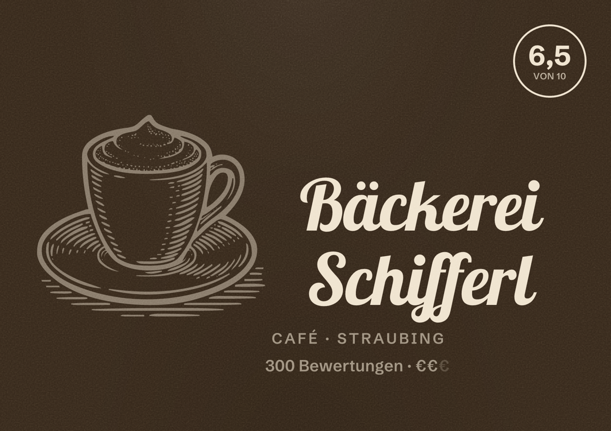 Illustriertes Poster von Bäckerei Schifferl, Café in Straubing: Bewertung 6,5 von 10 aus 300 Bewertungen, Preisniveau €€