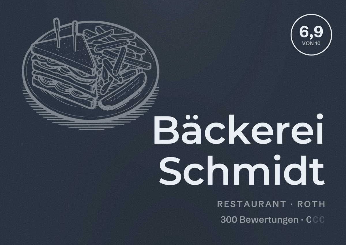 Illustriertes Poster von Bäckerei Schmidt, Restaurant in Roth: Bewertung 6,9 von 10 aus 300 Bewertungen, Preisniveau €