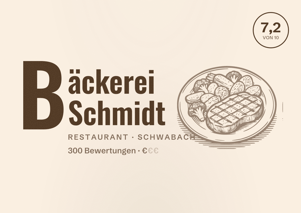 Illustriertes Poster von Bäckerei Schmidt, Restaurant in Schwabach: Bewertung 7,2 von 10 aus 300 Bewertungen, Preisniveau €
