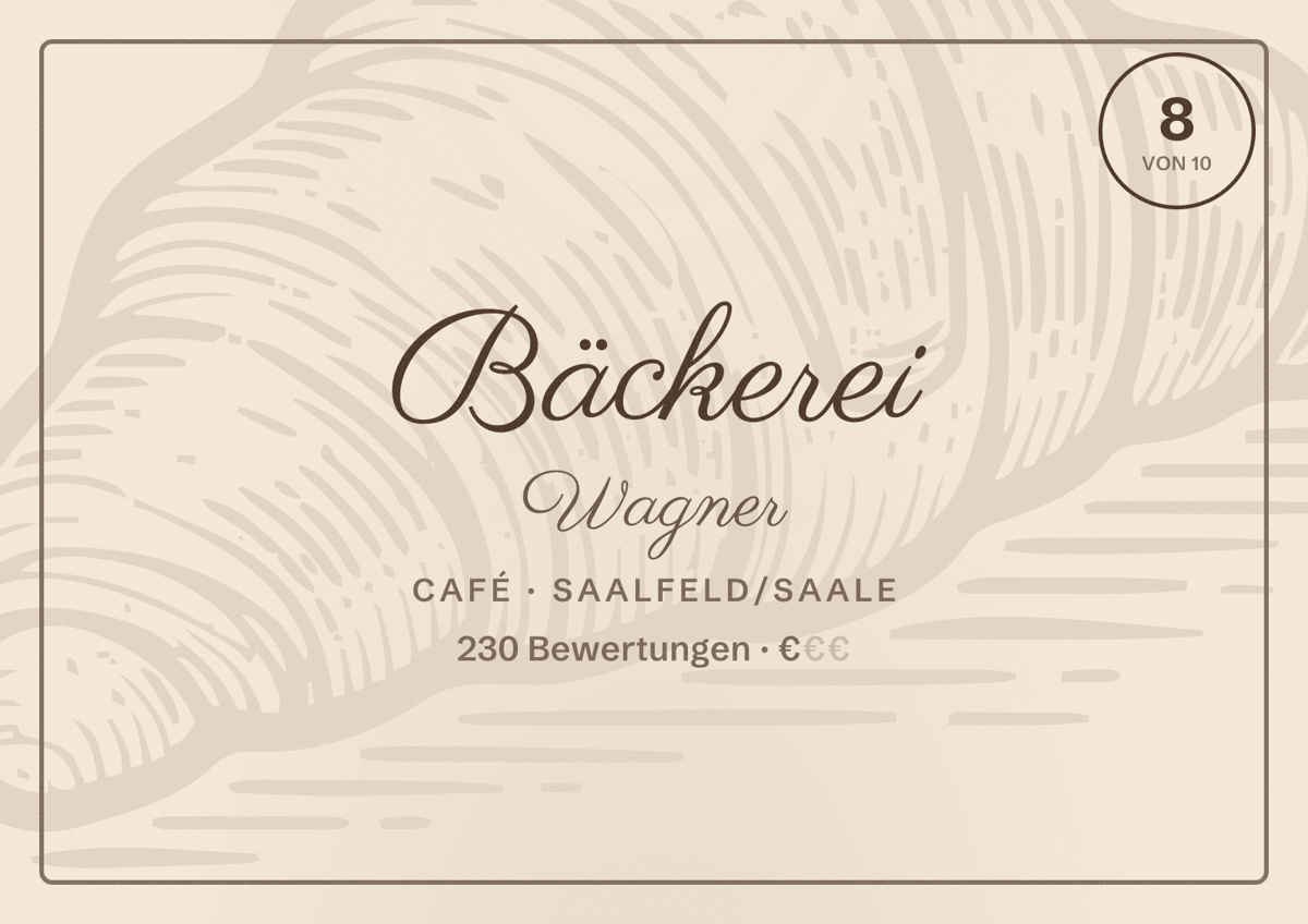 Illustriertes Poster von Bäckerei Wagner, Café in Saalfeld/Saale: Bewertung 8 von 10 aus 230 Bewertungen, Preisniveau €