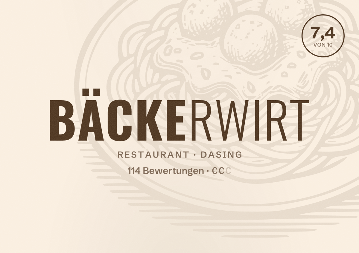 Illustriertes Poster von Bäckerwirt, Restaurant in Dasing: Bewertung 7,4 von 10 aus 114 Bewertungen, Preisniveau €€