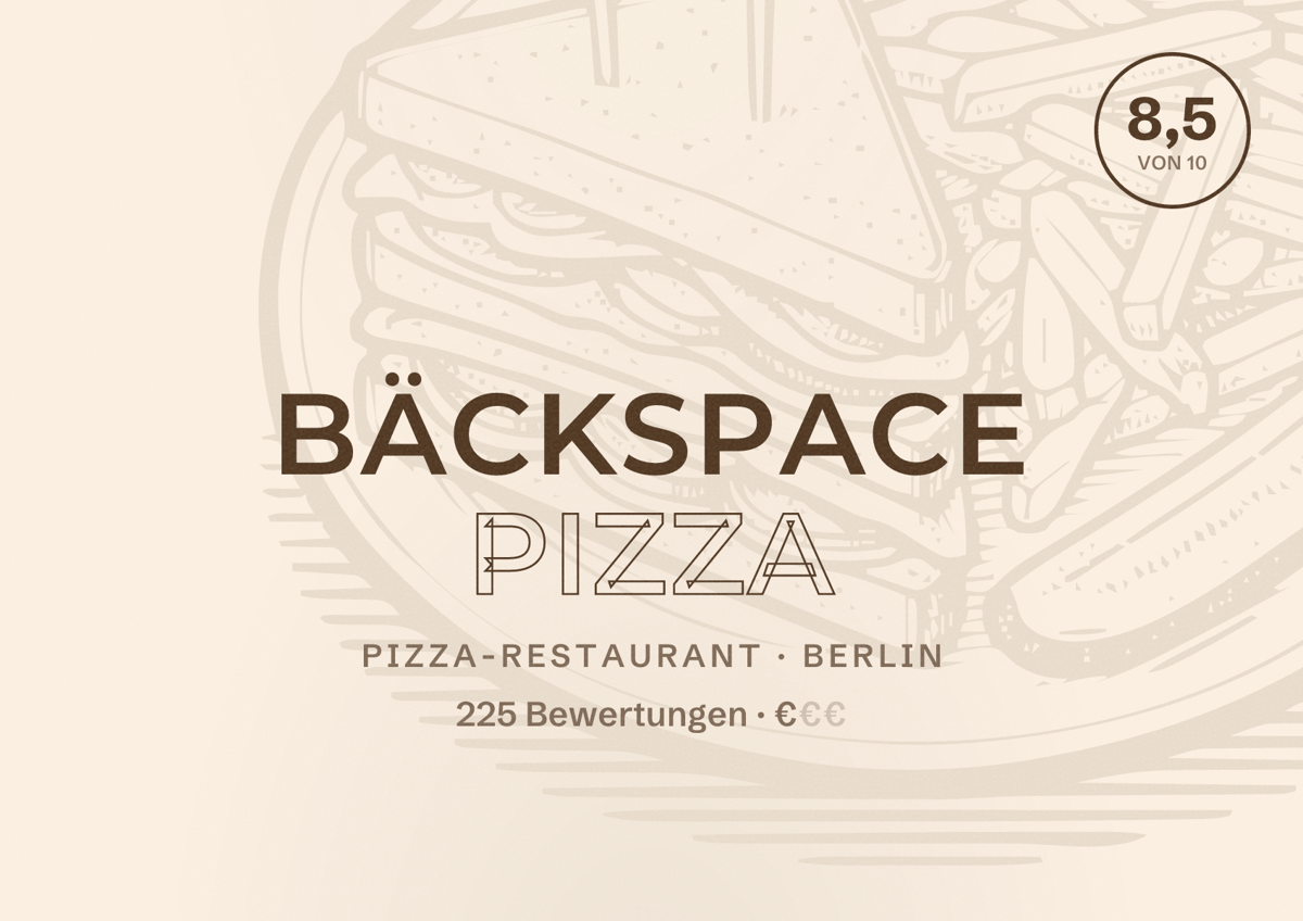 Illustriertes Poster von Bäckspace Pizza, Pizza-Restaurant in Berlin: Bewertung 8,5 von 10 aus 225 Bewertungen, Preisniveau €