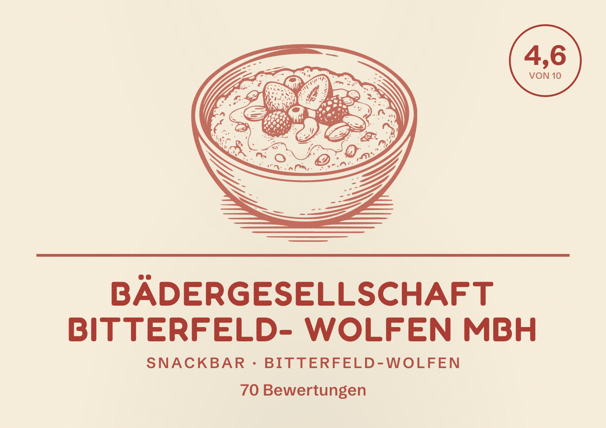 Illustriertes Poster von Bädergesellschaft Bitterfeld- Wolfen mbH, Snackbar in Bitterfeld-Wolfen: Bewertung 4,6 von 10 aus 70 Bewertungen