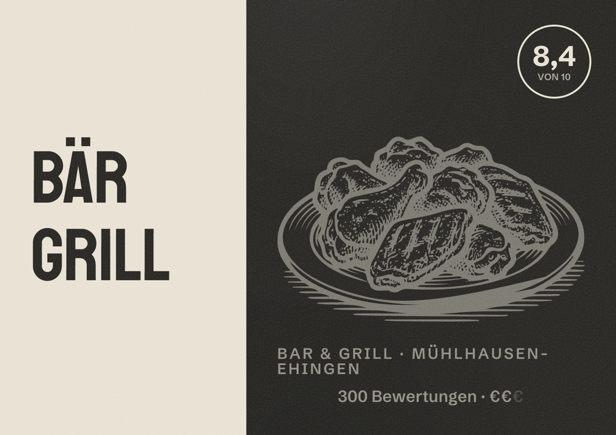 Illustriertes Poster von BÄR GRILL, Bar & Grill in Mühlhausen-Ehingen: Bewertung 8,4 von 10 aus 300 Bewertungen, Preisniveau €€