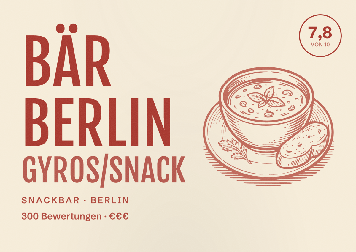 Illustriertes Poster von Bär Berlin Gyros/Snack, Snackbar in Berlin: Bewertung 7,8 von 10 aus 300 Bewertungen, Preisniveau €€€