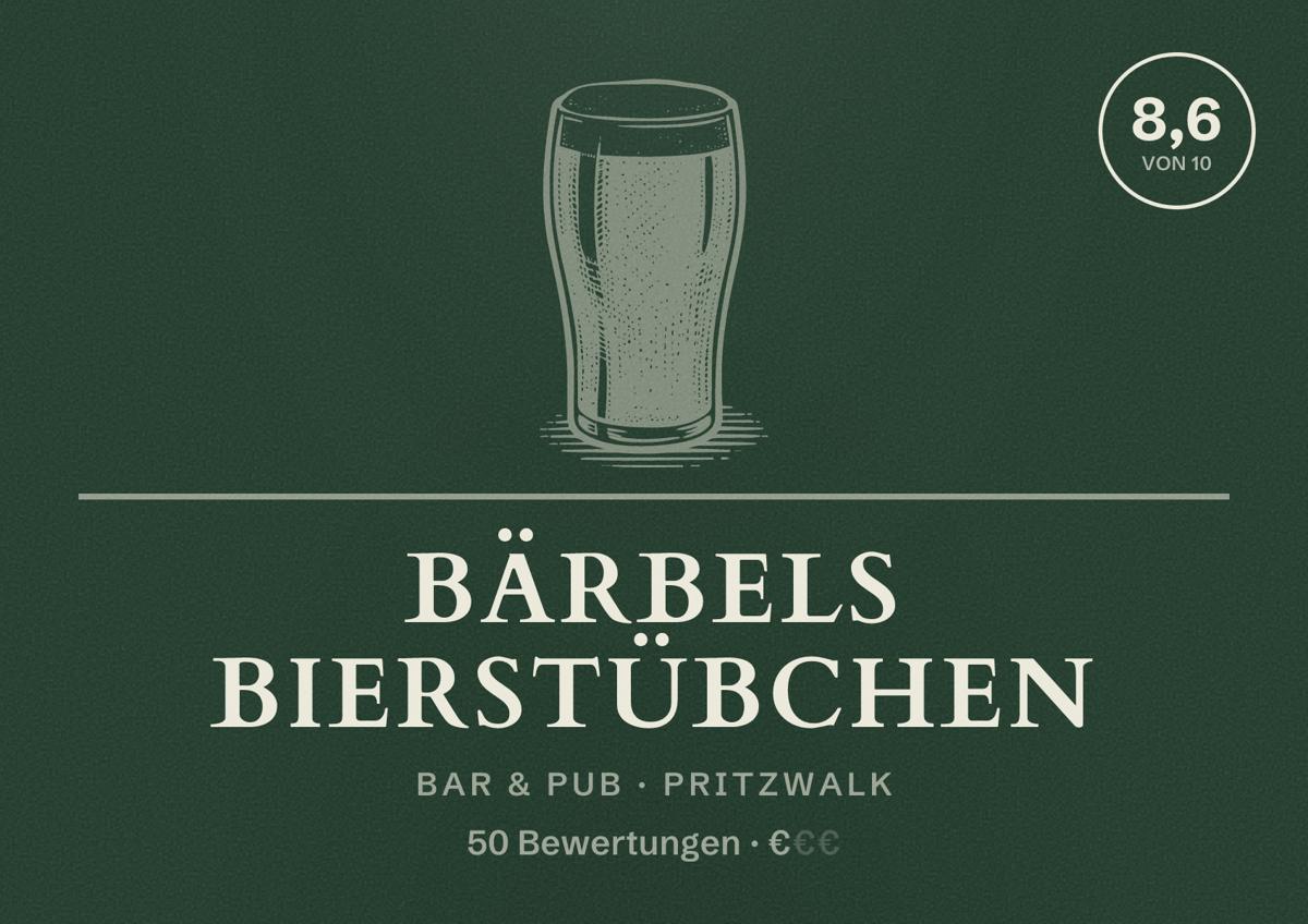 Illustriertes Poster von Bärbels Bierstübchen, Bar & Pub in Pritzwalk: Bewertung 8,6 von 10 aus 50 Bewertungen, Preisniveau €
