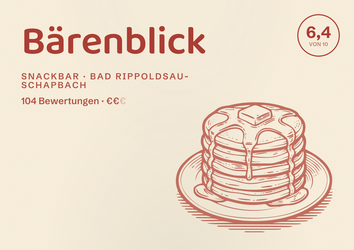 Illustriertes Poster von Bärenblick, Snackbar in Bad Rippoldsau-Schapbach: Bewertung 6,4 von 10 aus 104 Bewertungen, Preisniveau €€