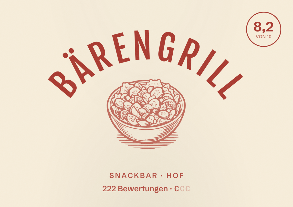 Illustriertes Poster von Bärengrill, Snackbar in Hof: Bewertung 8,2 von 10 aus 222 Bewertungen, Preisniveau €