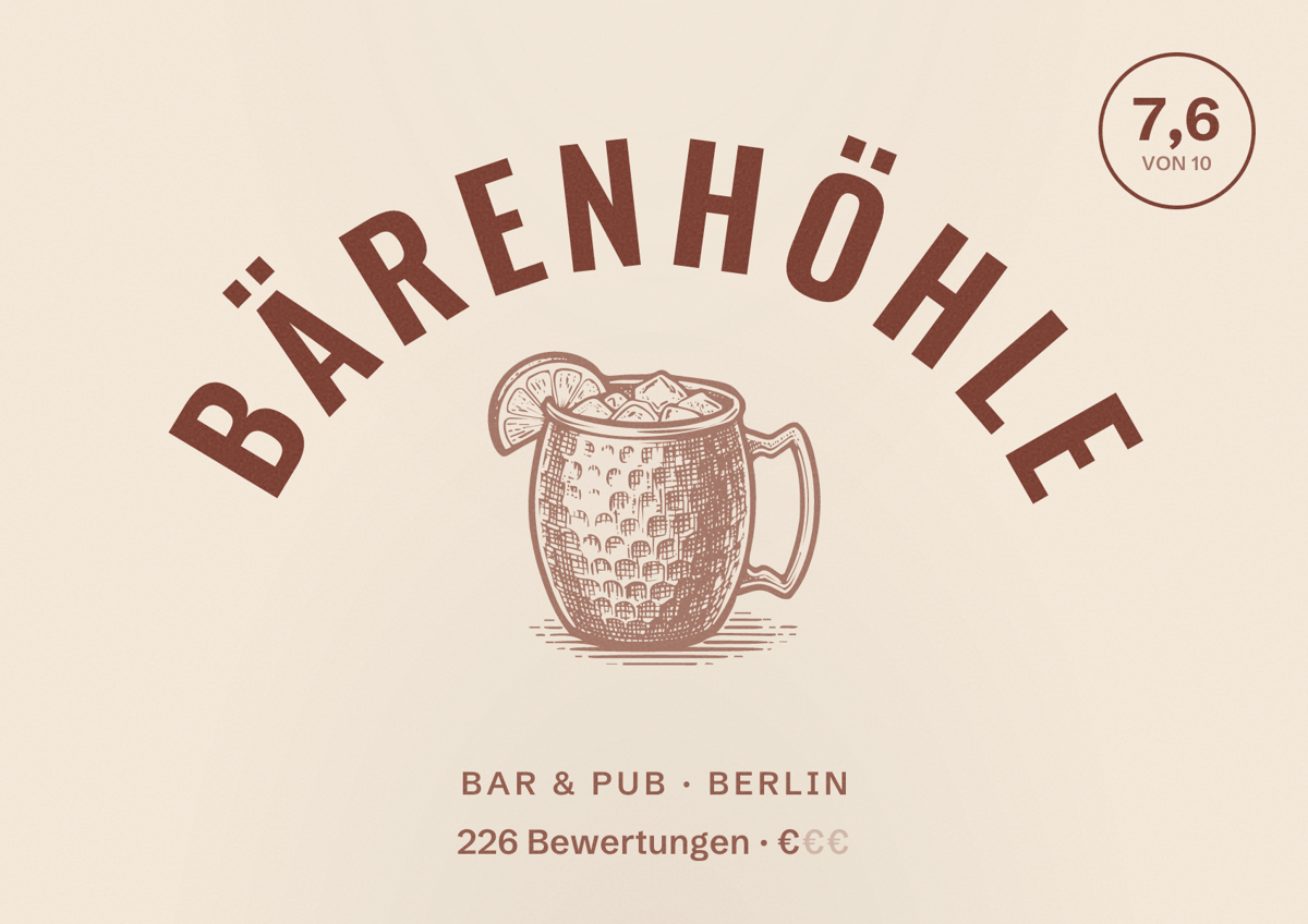 Illustriertes Poster von Bärenhöhle, Bar & Pub in Berlin: Bewertung 7,6 von 10 aus 226 Bewertungen, Preisniveau €