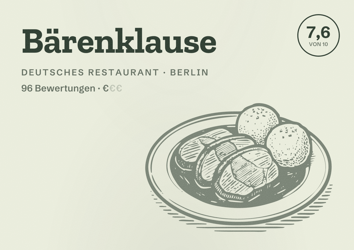 Illustriertes Poster von Bärenklause, Deutsches Restaurant in Berlin: Bewertung 7,6 von 10 aus 96 Bewertungen, Preisniveau €
