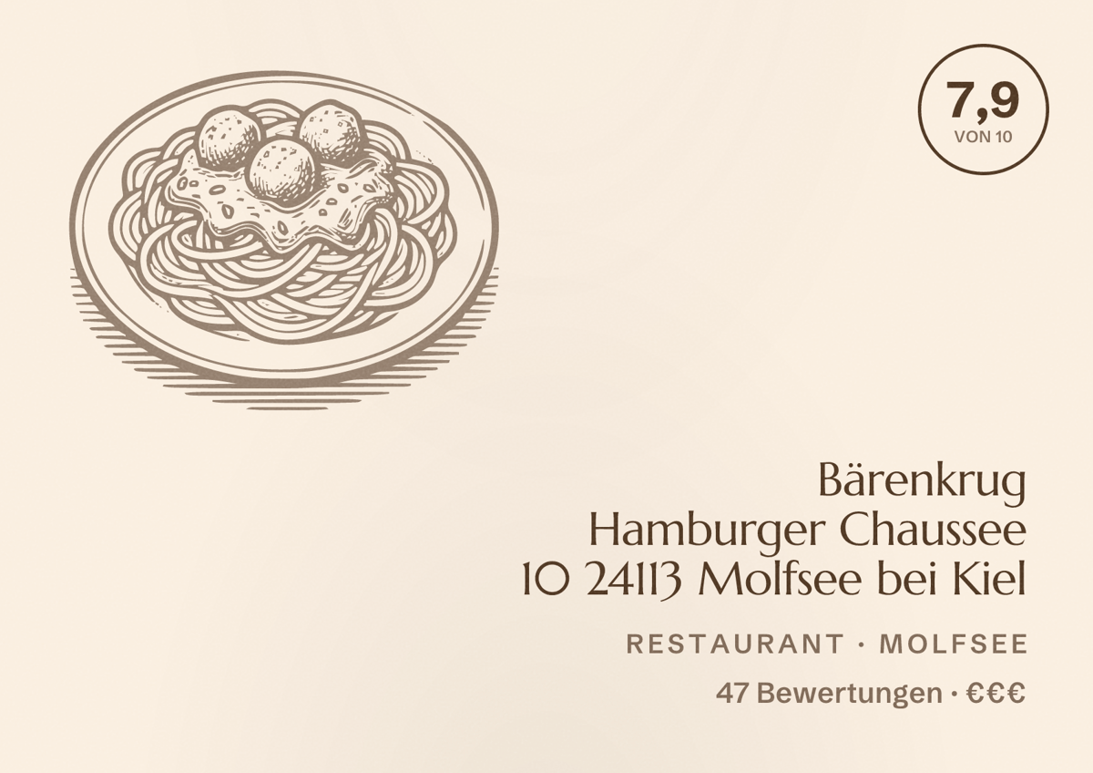 Illustriertes Poster von Bärenkrug Hamburger Chaussee 10 24113 Molfsee bei Kiel, Restaurant in Molfsee: Bewertung 7,9 von 10 aus 47 Bewertungen, Preisniveau €€€