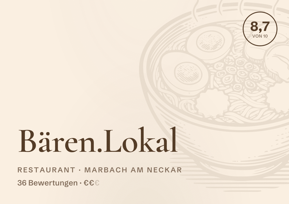 Illustriertes Poster von Bären.Lokal, Restaurant in Marbach am Neckar: Bewertung 8,7 von 10 aus 36 Bewertungen, Preisniveau €€