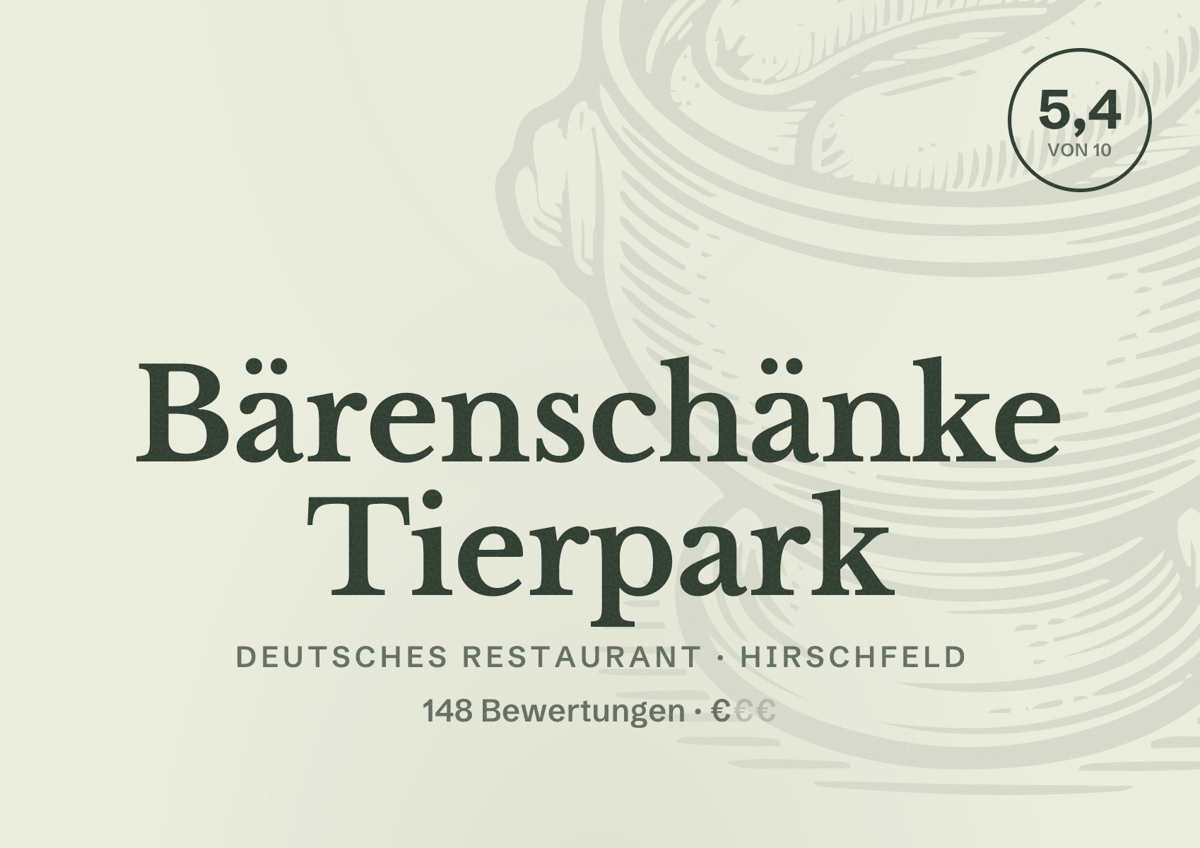 Illustriertes Poster von Bärenschänke Tierpark, Deutsches Restaurant in Hirschfeld: Bewertung 5,4 von 10 aus 148 Bewertungen, Preisniveau €