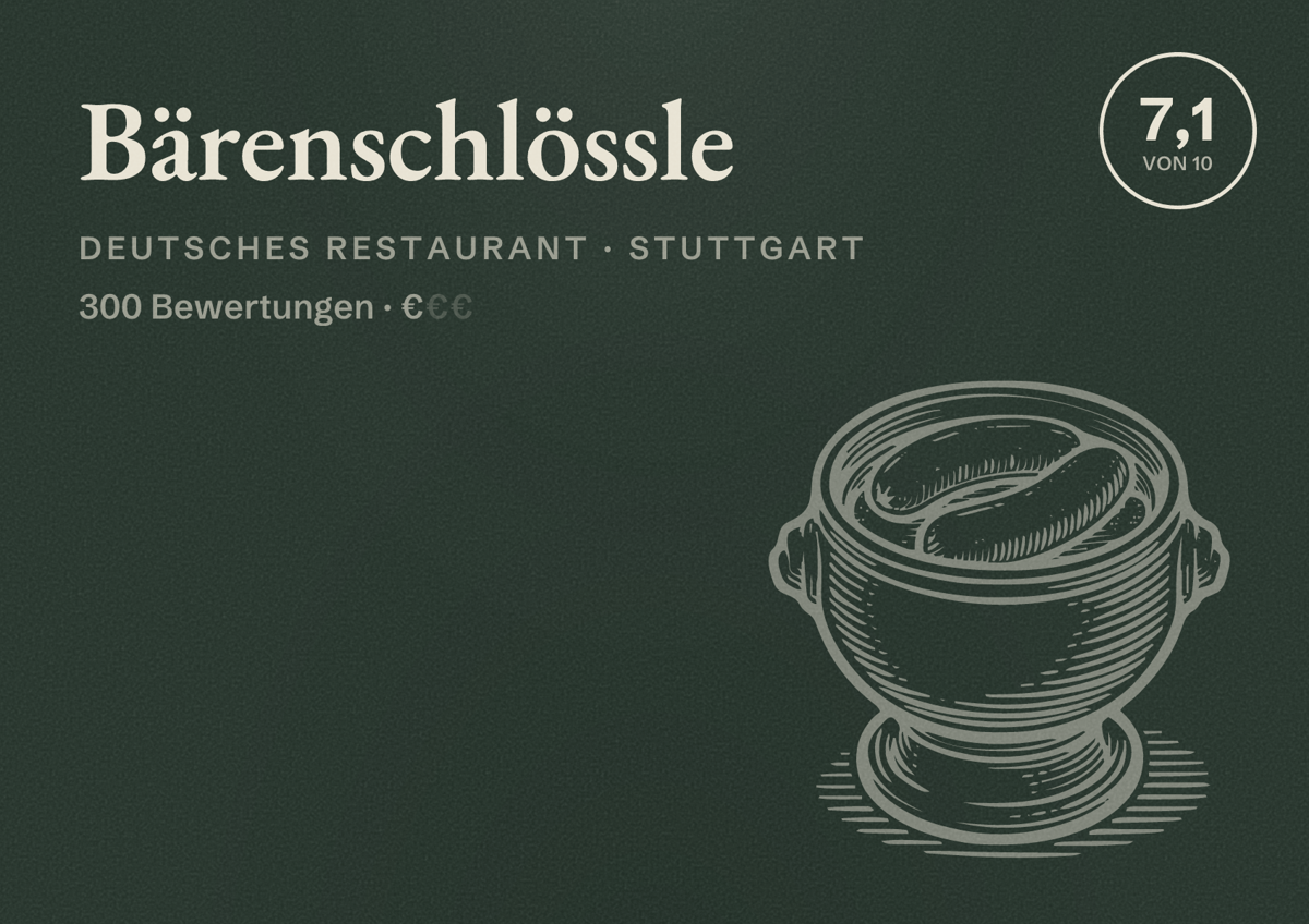 Illustriertes Poster von Bärenschlössle, Deutsches Restaurant in Stuttgart: Bewertung 7,1 von 10 aus 300 Bewertungen, Preisniveau €