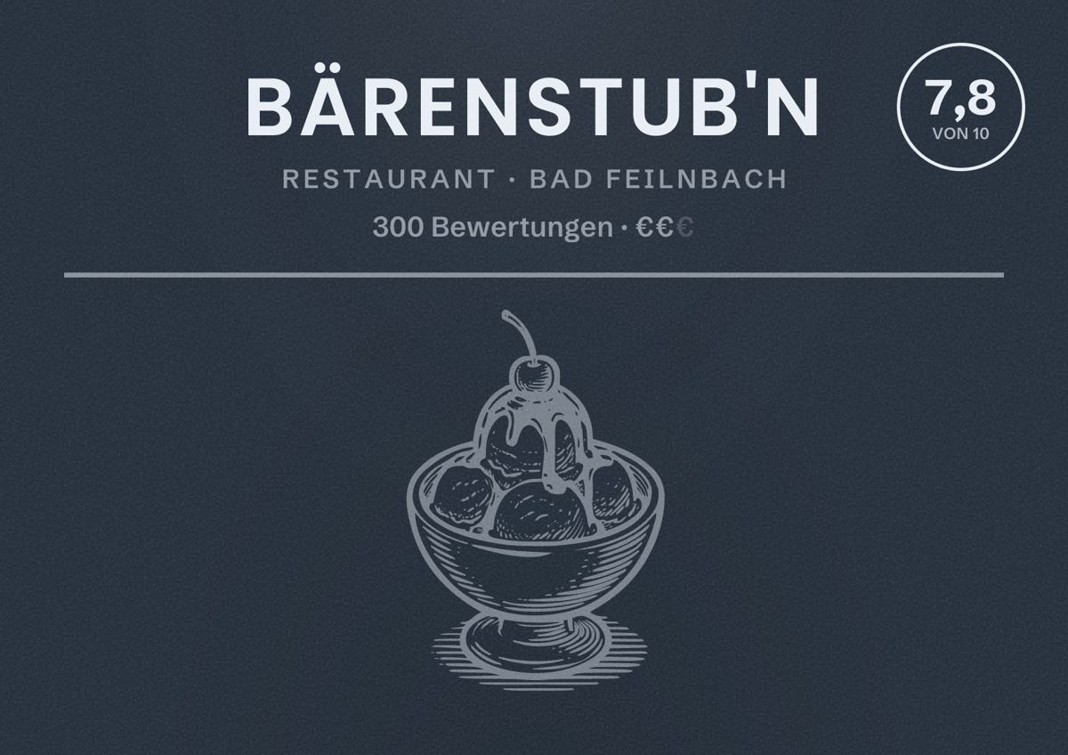 Illustriertes Poster von Bärenstub'n, Restaurant in Bad Feilnbach: Bewertung 7,8 von 10 aus 300 Bewertungen, Preisniveau €€