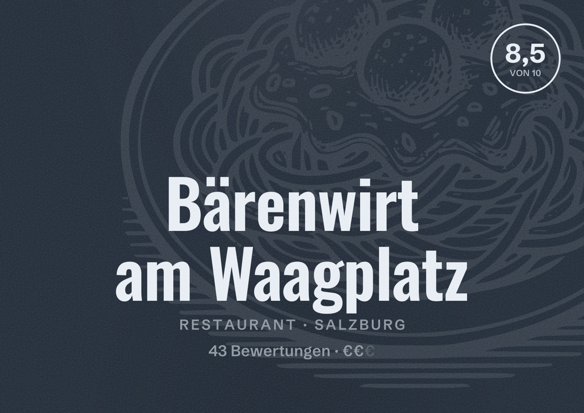 Illustriertes Poster von Bärenwirt am Waagplatz, Restaurant in Salzburg: Bewertung 8,5 von 10 aus 43 Bewertungen, Preisniveau €€
