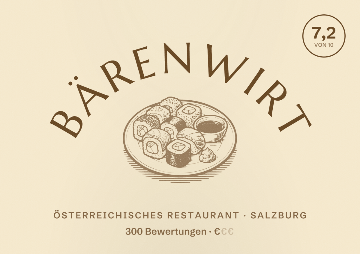Illustriertes Poster von Bärenwirt, Österreichisches Restaurant in Salzburg: Bewertung 7,2 von 10 aus 300 Bewertungen, Preisniveau €