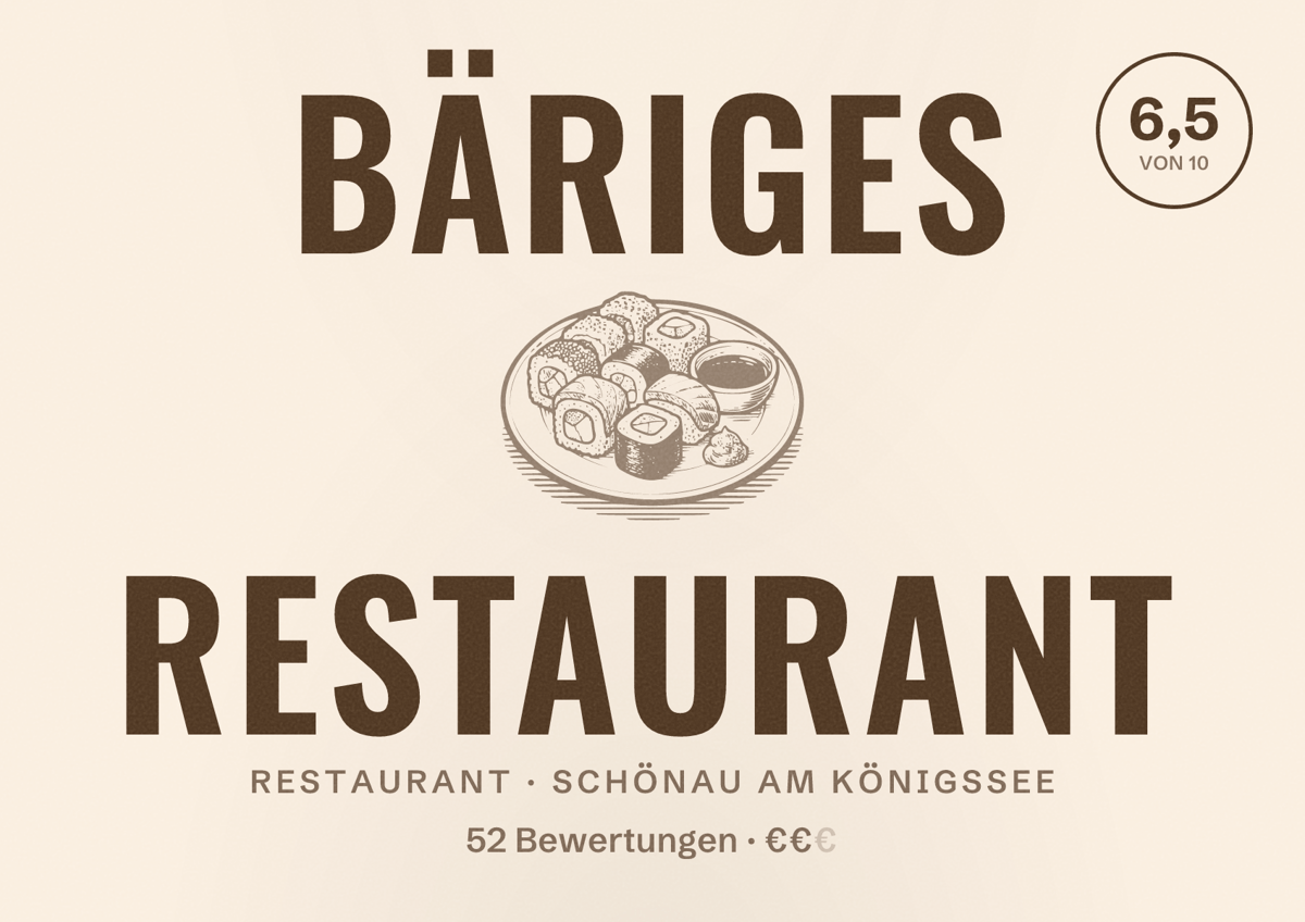 Illustriertes Poster von Bäriges Restaurant, Restaurant in Schönau am Königssee: Bewertung 6,5 von 10 aus 52 Bewertungen, Preisniveau €€