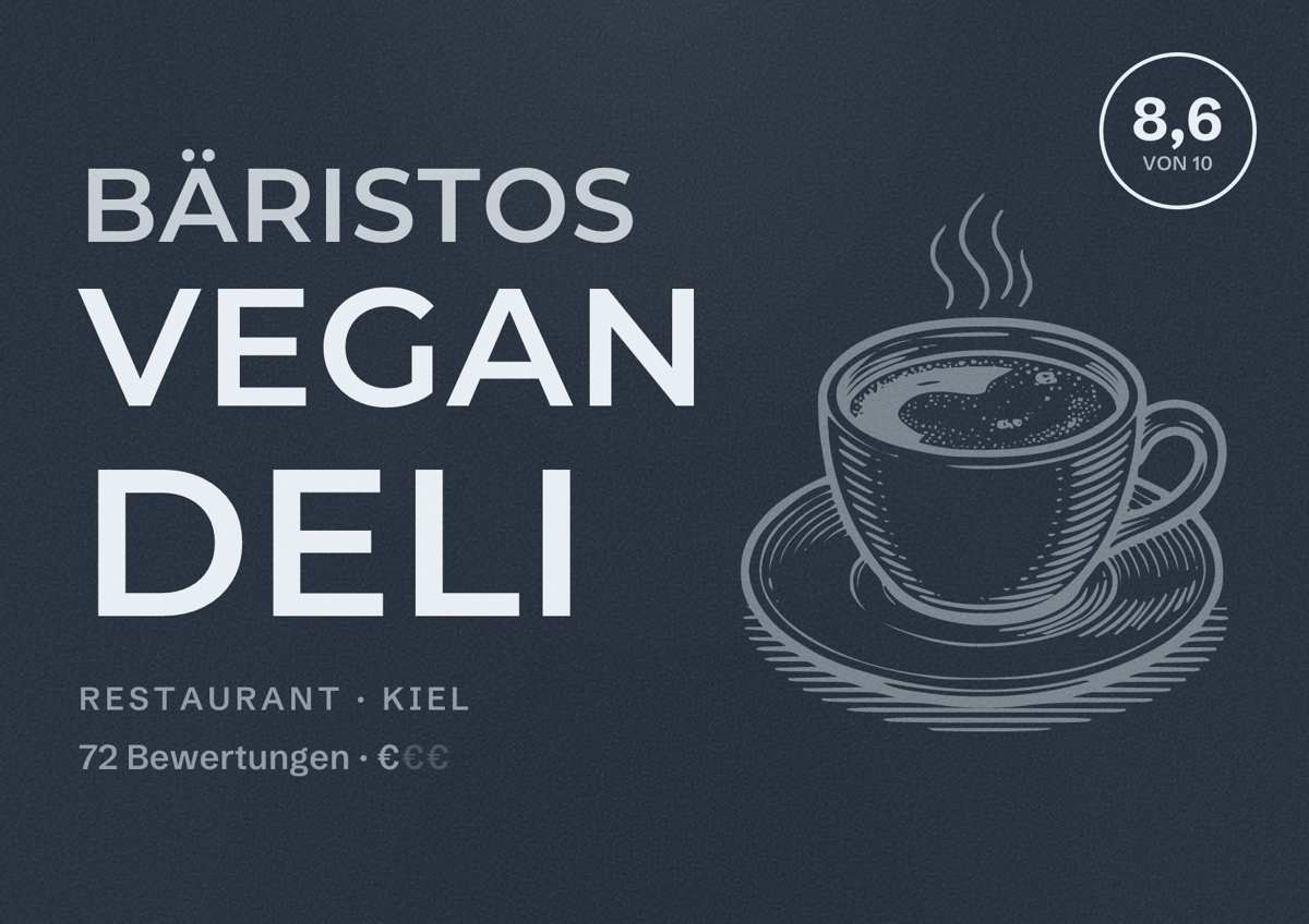 Illustriertes Poster von BÄRISTOs Vegan Deli, Restaurant in Kiel: Bewertung 8,6 von 10 aus 72 Bewertungen, Preisniveau €