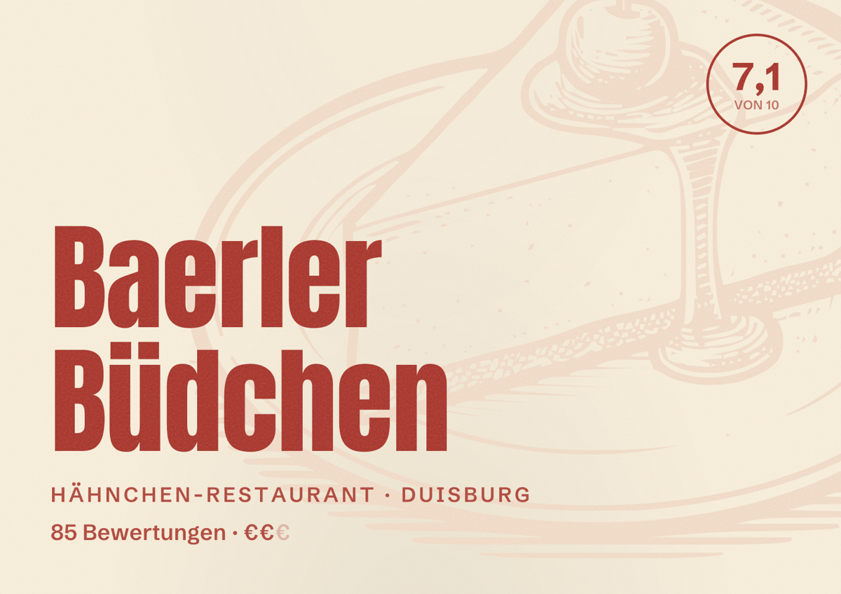 Illustriertes Poster von Baerler Büdchen, Hähnchen-Restaurant in Duisburg: Bewertung 7,1 von 10 aus 85 Bewertungen, Preisniveau €€