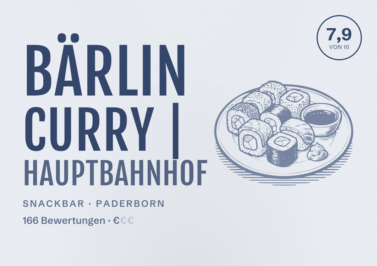 Illustriertes Poster von Bärlin Curry | Hauptbahnhof, Snackbar in Paderborn: Bewertung 7,9 von 10 aus 166 Bewertungen, Preisniveau €